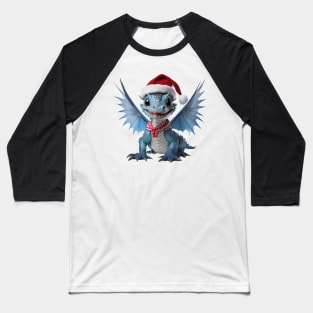 Realistic Artwork of a Cute Blue Baby Dragon Wearing a Red Santa Christmas Hat Baseball T-Shirt